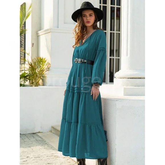 Teal Blue Bohemian Maxi Dress Chiffon Neck Ties Long Sleeve Ruffle Hem Flowy